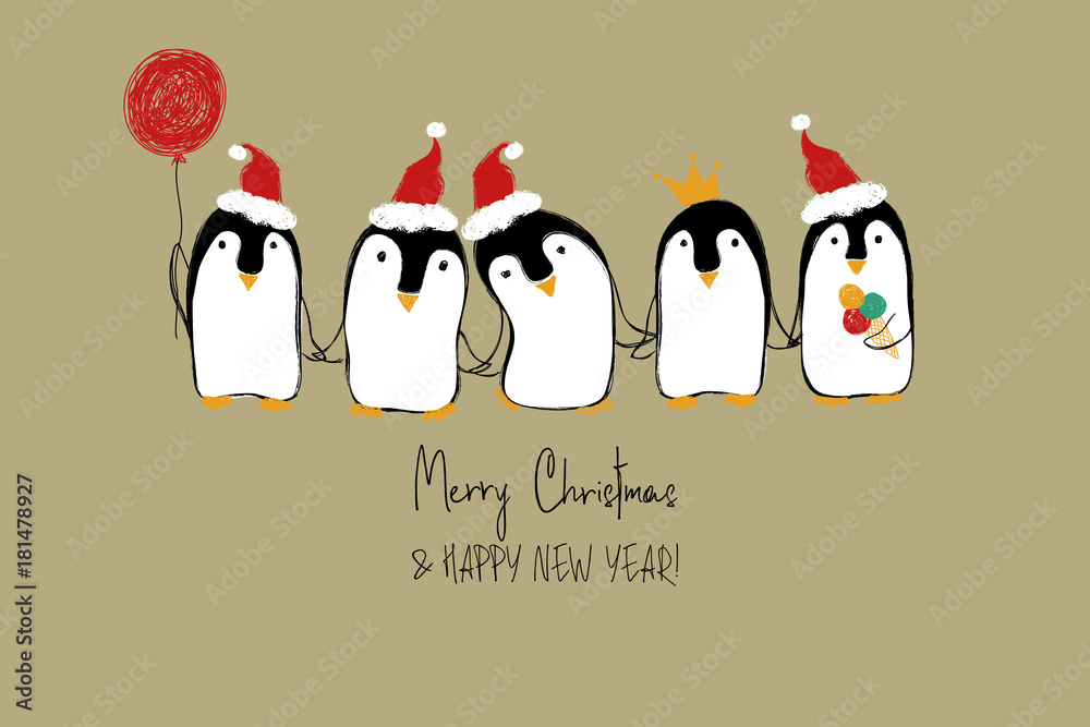 Obraz premium Christmas Card With Funny Penguins.