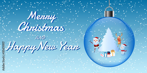 Cheerful santa claus, snowman, reindeer are christmas companion in christmas ball. christmas snow scene. Merry christmas and happy new year.