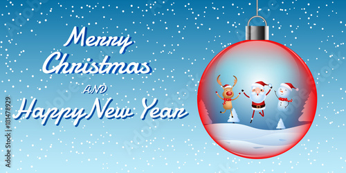 Cheerful santa claus, snowman, reindeer are christmas companion in christmas ball. christmas snow scene. Merry christmas and happy new year.