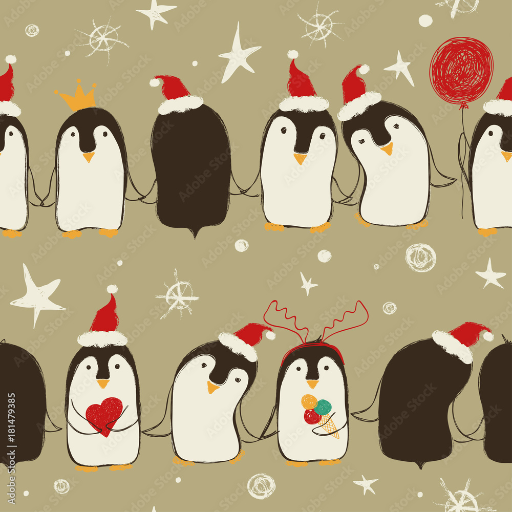 Fototapeta premium Christmas Seamless Pattern Of Penguins.