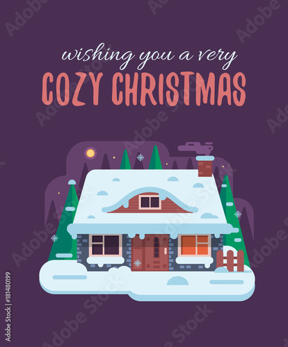 Wish you cozy Christmas card with night rural scene and forest winter house with smoking chimney. Wintertime countryside background with rural snow cottage building and congratulation Xmas text.
