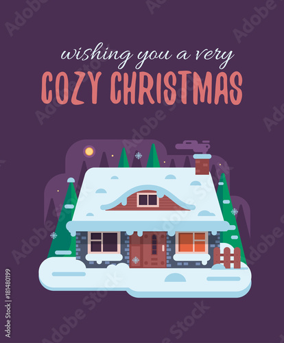 Wish you cozy Christmas card with night rural scene and forest winter house with smoking chimney. Wintertime countryside background with rural snow cottage building and congratulation Xmas text. photo