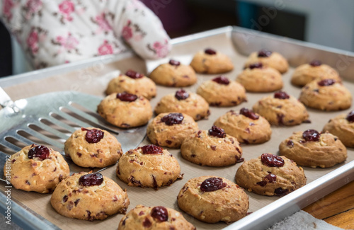 Cranberry cookies on sieve after take of oven , selective focus