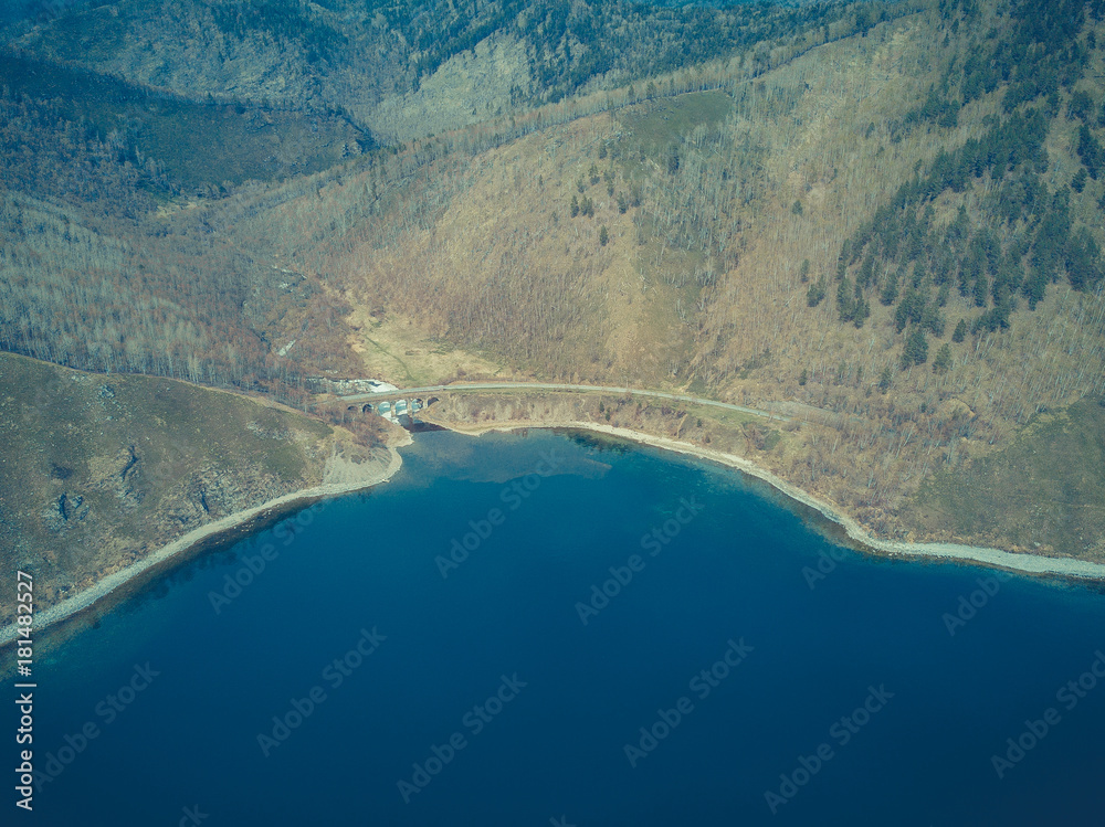 Baikal lake shore and rocks from aerial view. Landscape.