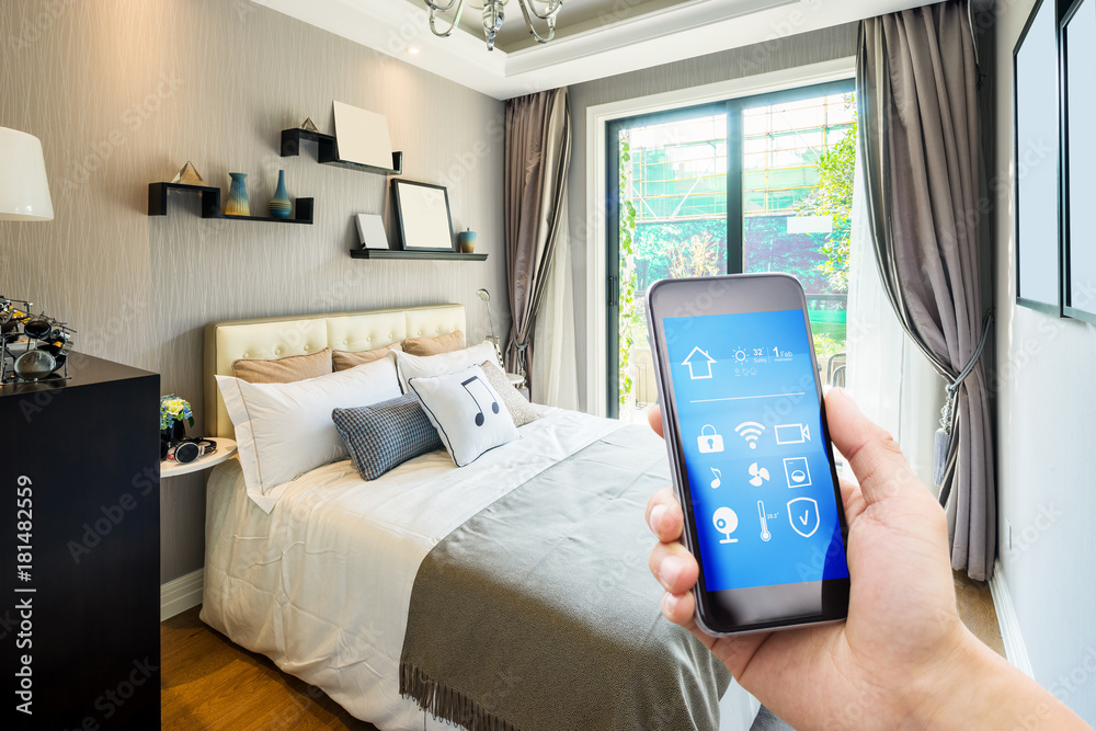 smart phone with smart home with modern bedroom smart phone with smart home with modern bedroom