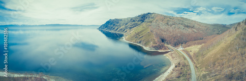 Baikal lake shore and rocks from aerial view. Landscape.