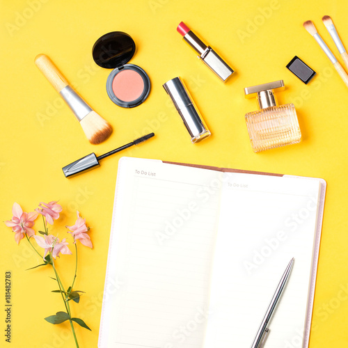 Beauty blogger objects flat lay. Beauty products and stylish female accessories on pastel background