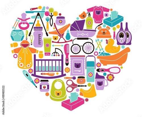 Icons of products for newborns in the form of a heart
