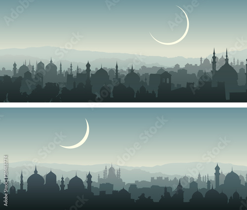 Horizontal wide banners of big arab city at night.