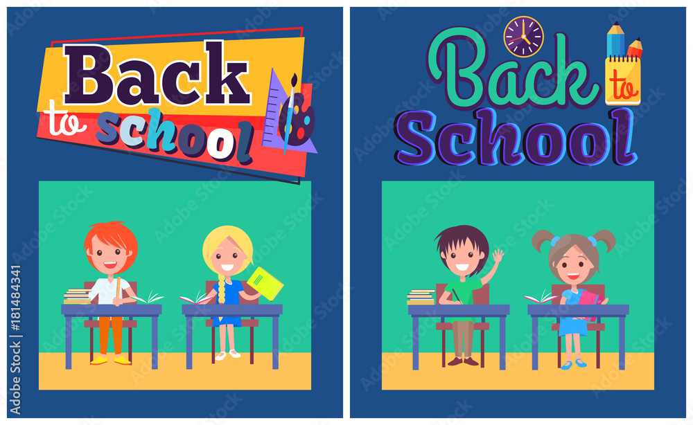 Back to School Set of Posters with Boy and Girl Back to School Set of Posters with Boy and Girl