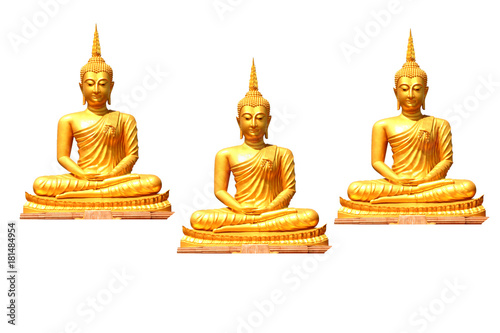 Gold statue sitting 3 buddha on isolated white background