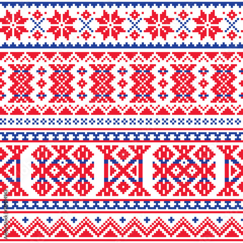 Lapland, Sami people vector seamless pattern, Scandinavian, Nordic folk art in red and blue