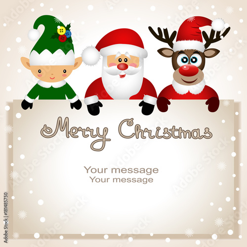 Funny postcard with Christmas Elf, Christmas reindeer and Santa.