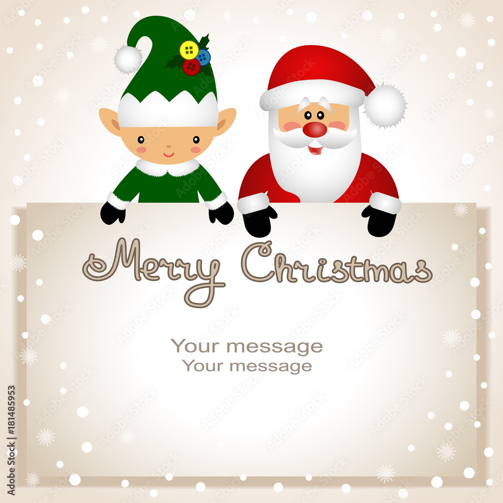 Funny postcard with Christmas Elf and Santa. Funny postcard with Christmas Elf and Santa.