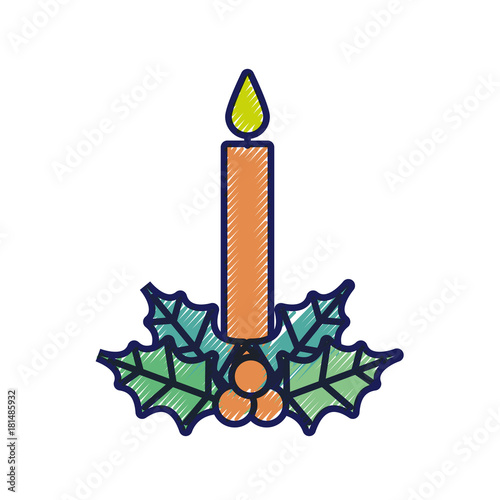 christmas candle burning with holly berry leaves decoration