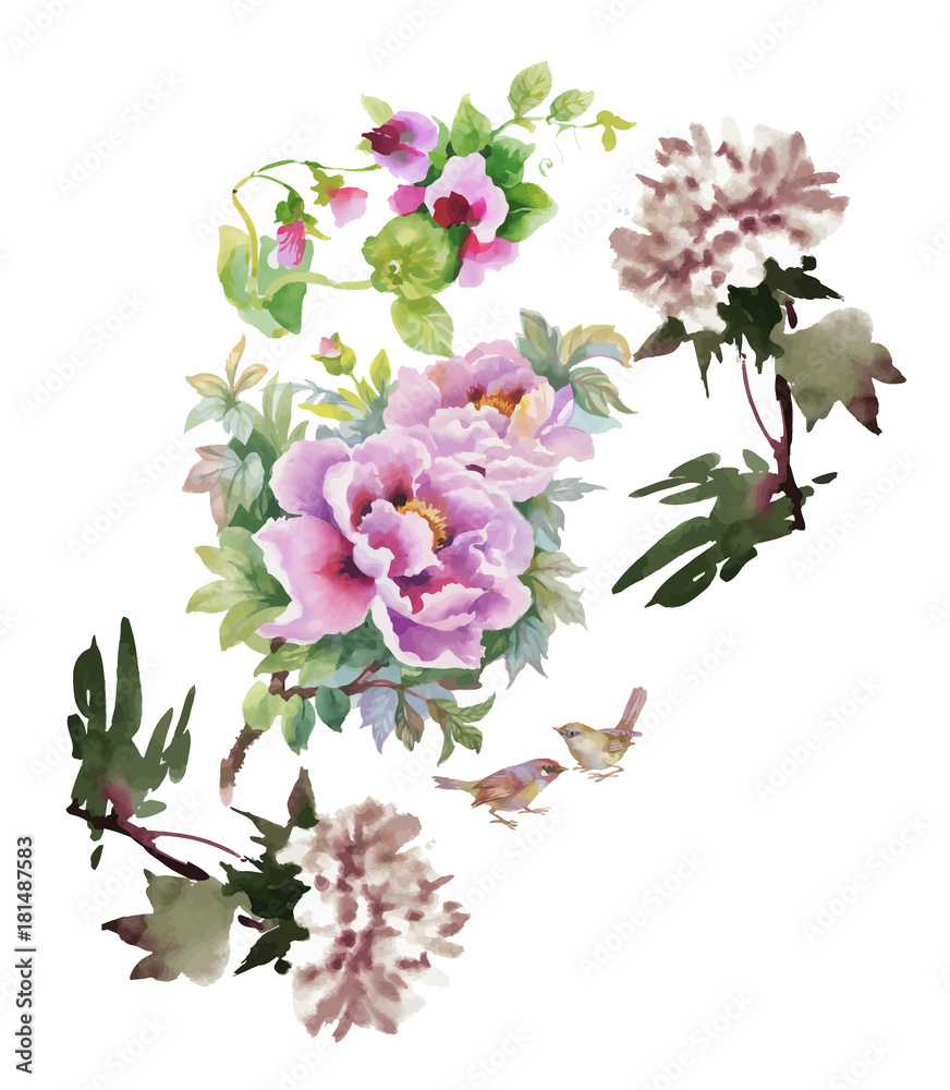 Watercolor floral composition. Clipping path included. Fast isolation. Hand painted.