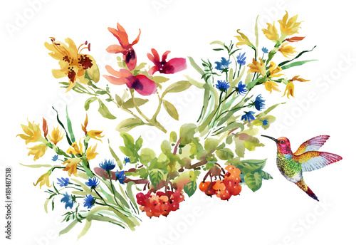 Watercolor floral composition. Clipping path included. Fast isolation. Hand painted.