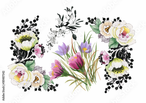 Watercolor floral composition. Clipping path included. Fast isolation. Hand painted.