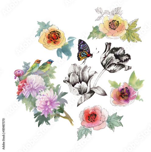 Watercolor floral composition. Clipping path included. Fast isolation. Hand painted.