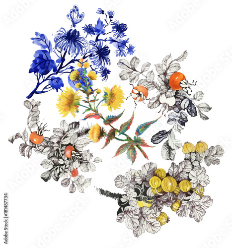 Watercolor floral composition. Clipping path included. Fast isolation. Hand painted.