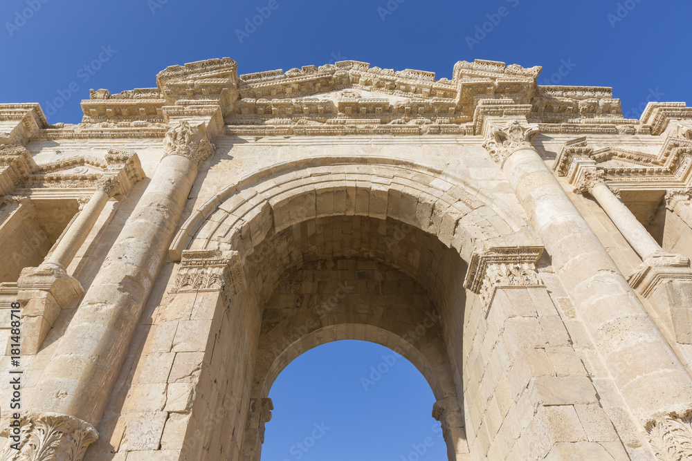 Hadrian's Arch in the ancient roman town Jerash in Jordan