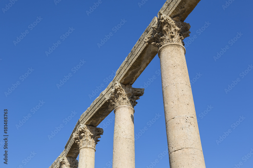Roman pillars in the ruins of the old city of Jerash in Jordan
