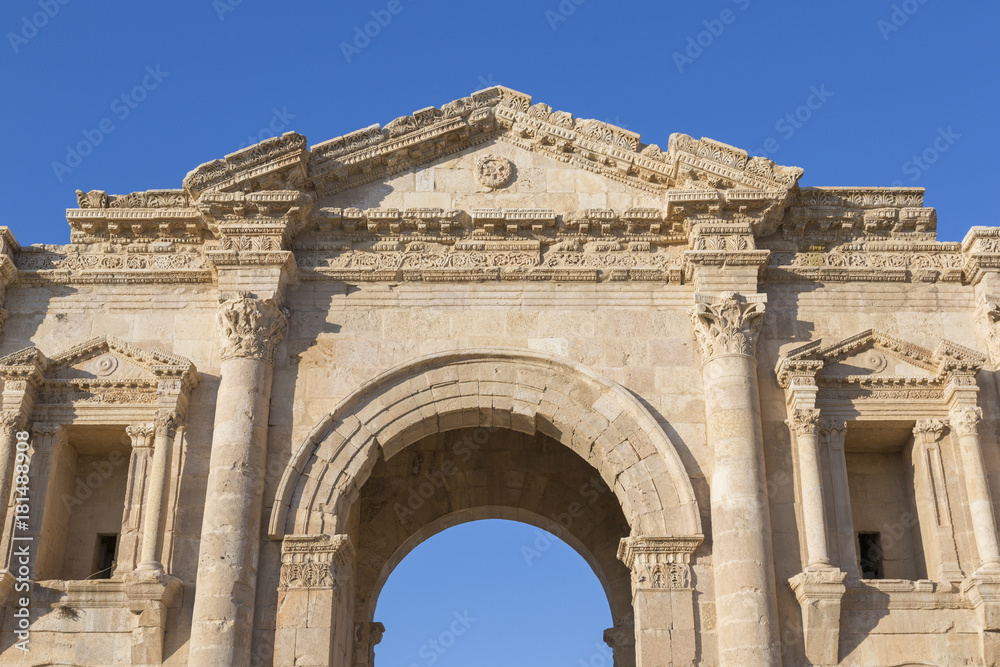 Hadrian's Arch in the ancient roman town Jerash in Jordan