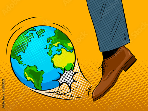 Foot hits the Earth globe pop art vector