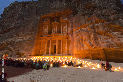 The Treasury, Petra By Night. An Ancient City of Petra, Al Khazneh in Jordan