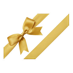 Gold bow tied using silk ribbon, cut out top view, corner