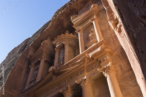 Close up of the Treasury during sunrise, an ancient building in Petra, Jordan photo