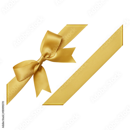 Gold bow tied using silk ribbon, cut out top view, corner