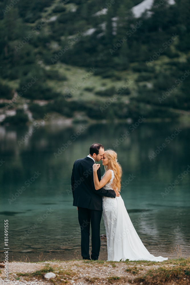 Beautiful wedding couple near the lake in the Alps Beautiful wedding couple near the lake in the Alps