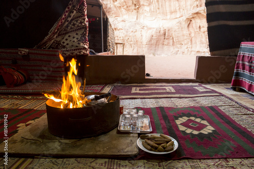 Campfire in a bedouin tent in the wadi rum desert, Jordan photo