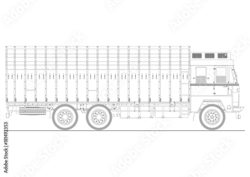 Coloring page of classic Indian truck. Plan view of jingle truck. Flat vector.