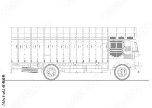 Coloring page of classic Indian truck. Plan view of jingle truck. Flat vector.