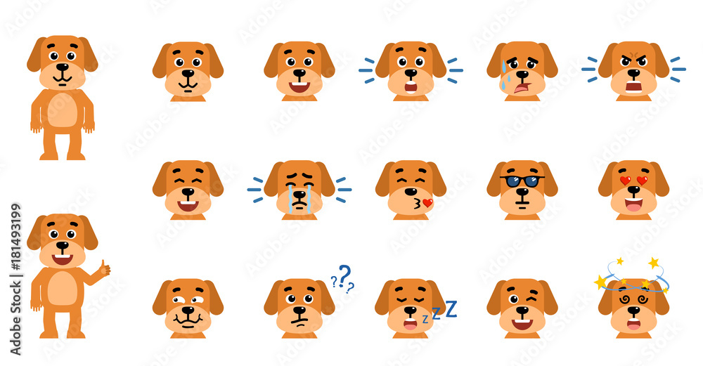 Set of funny yellow dog emoticons showing different emotions. Happy, sad, angry, dazed, sleep, shocked, tired, in love and other emotions. Flat style vector illustration Set of funny yellow dog emoticons showing different emotions. Happy, sad, angry, dazed, sleep, shocked, tired, in love and other emotions. Flat style vector illustration