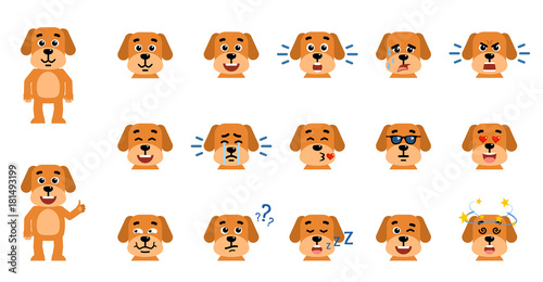 Set of funny yellow dog emoticons showing different emotions. Happy, sad, angry, dazed, sleep, shocked, tired, in love and other emotions. Flat style vector illustration