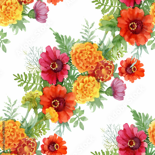 Watercolor seamless pattern with colorful flowers and leaves on white background, watercolor floral pattern, flowers in pastel color, tile for wallpaper, card or fabric.