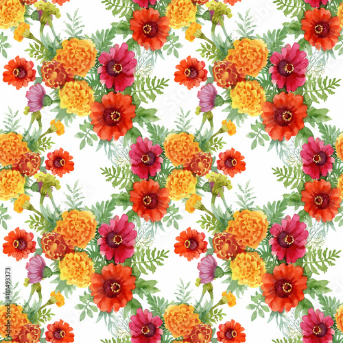 Watercolor seamless pattern with colorful flowers and leaves on white background, watercolor floral pattern, flowers in pastel color, tile for wallpaper, card or fabric.