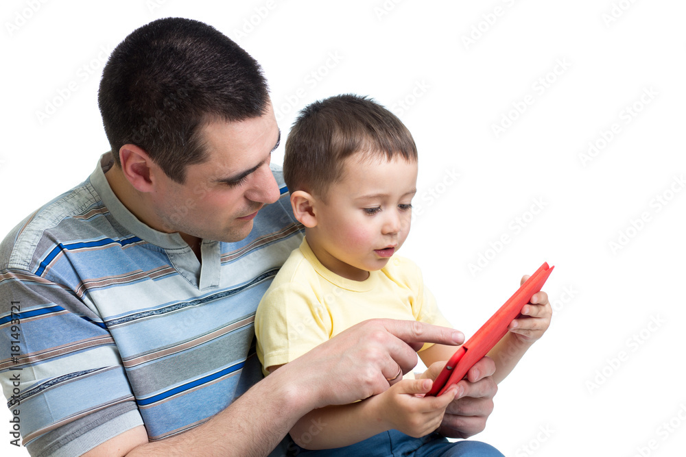 Closeup of kid boy sitting with father and using mobile phone isolated on white background Closeup of kid boy sitting with father and using mobile phone isolated on white background