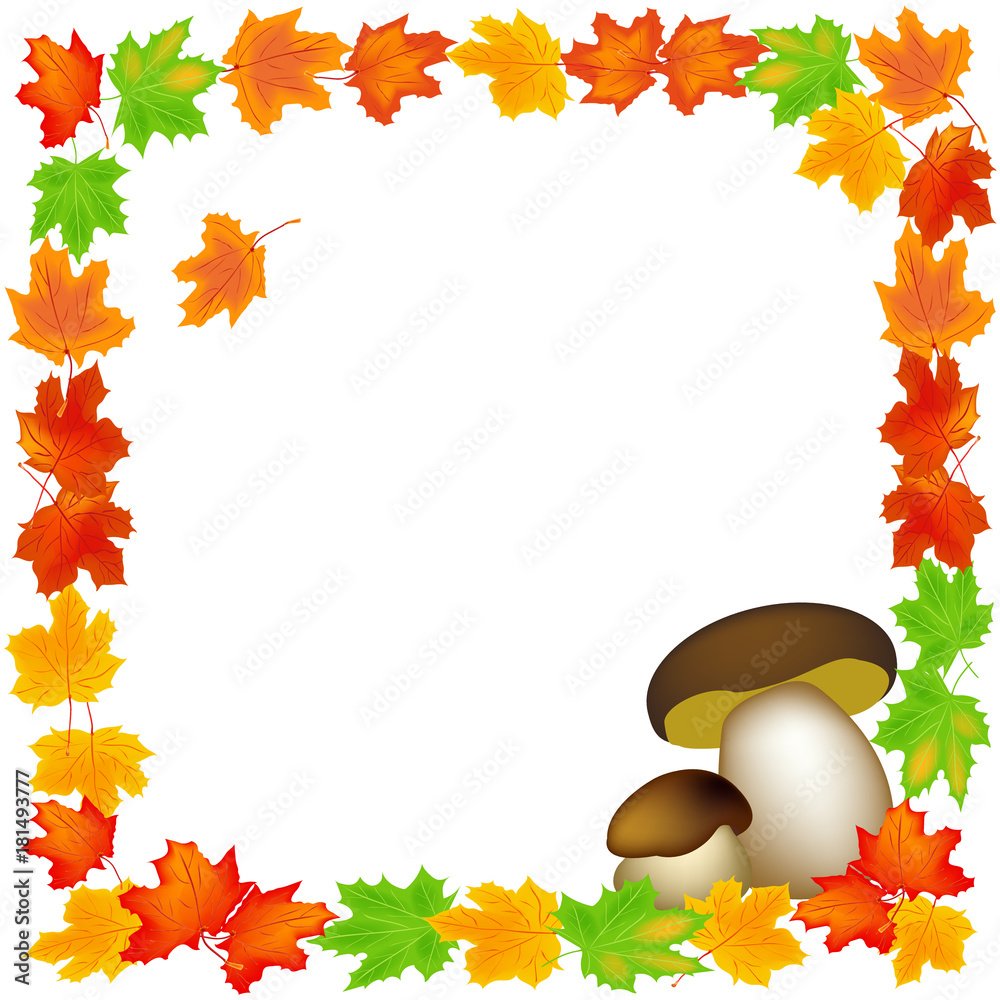 Edible mushrooms in decorative frame of autumn leaves. Yellow and red autumn leaves and mushrooms isolated on white background. The harvest of autumn. Vector. Edible mushrooms in decorative frame of autumn leaves. Yellow and red autumn leaves and mushrooms isolated on white background. The harvest of autumn. Vector.