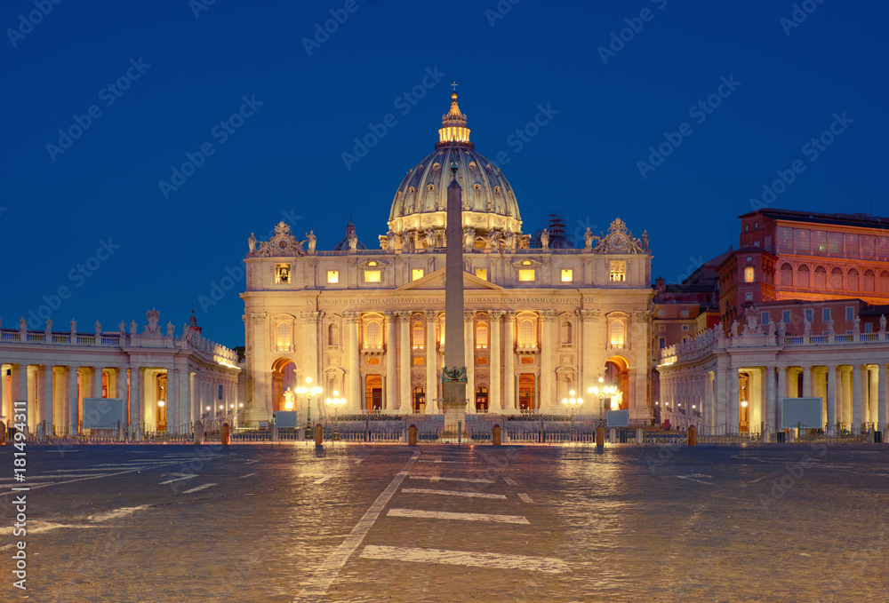 Saint Peter's Basilica at night in Rome