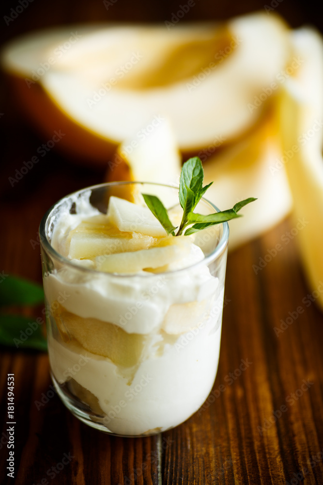 Homemade yogurt with slices of ripe melon Homemade yogurt with slices of ripe melon
