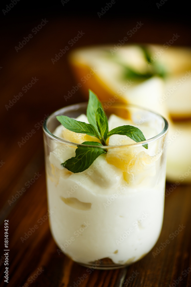Homemade yogurt with slices of ripe melon Homemade yogurt with slices of ripe melon