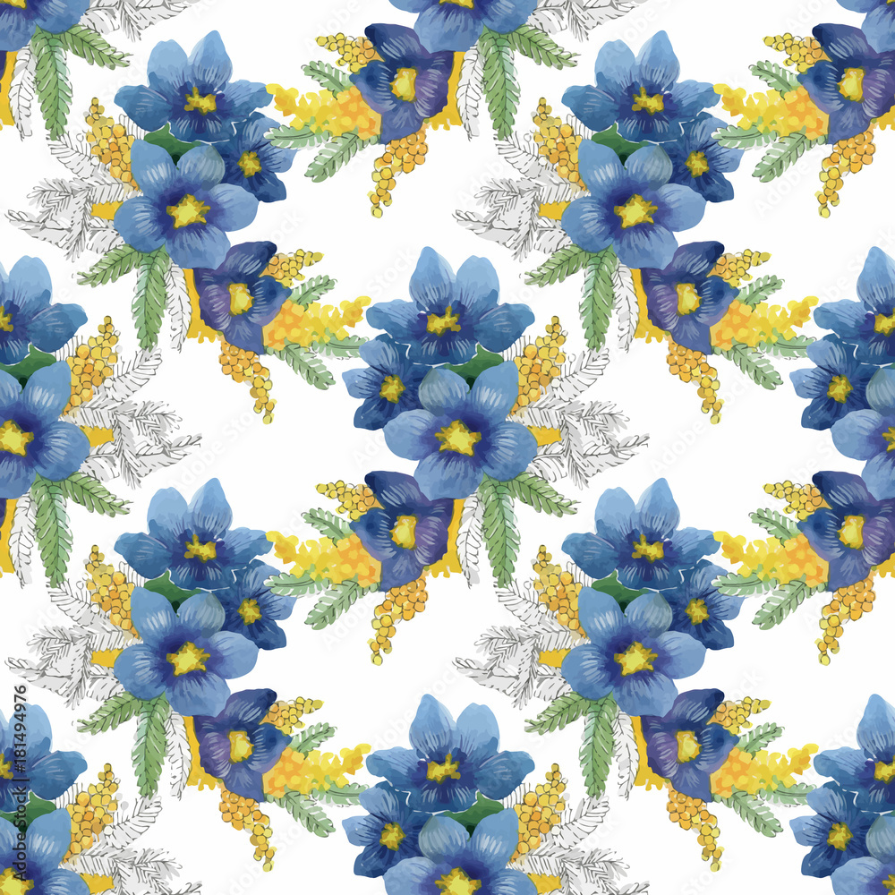 Φωτογραφία Watercolor seamless pattern with colorful flowers and leaves on white background, watercolor floral pattern, flowers in pastel color, tile for wallpaper, card or fabric