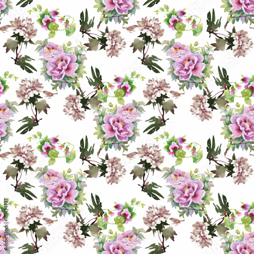 Watercolor seamless pattern with colorful flowers and leaves on white background  watercolor floral pattern  flowers in pastel color  tile for wallpaper  card or fabric.