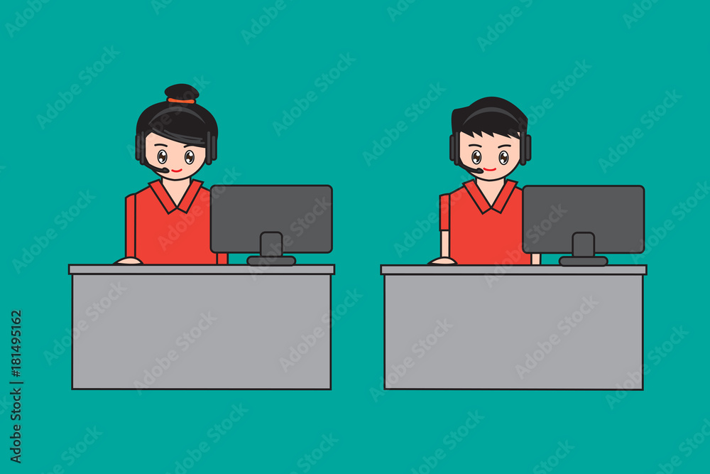 Call Center man and woman , Customer service representative Use computer to coordinate and solve problems and headphones are personal online contacts. Call Center man and woman , Customer service representative Use computer to coordinate and solve problems and headphones are personal online contacts.