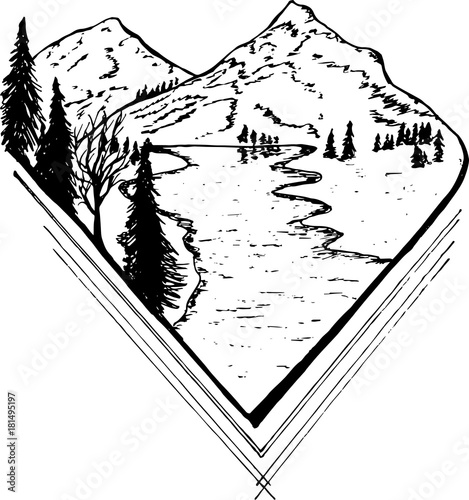 Picture of mountain landscape, trees, river going away to distance.