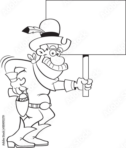 Black and white illustration of a cowboy holding a sign.